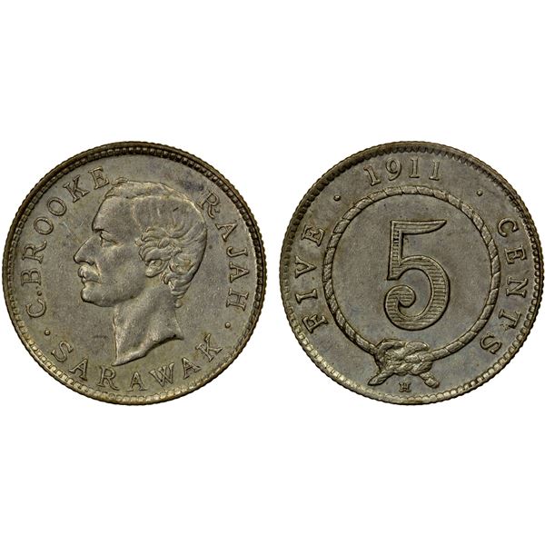 SARAWAK: Charles Brooke, 1868-1917, AR 5 cents, 1911-H, AU