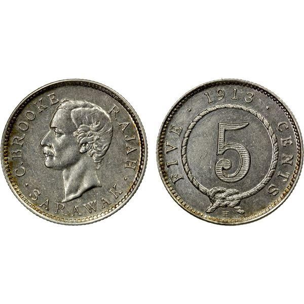 SARAWAK: Charles Brooke, 1868-1917, AR 5 cents, 1913-H, AU