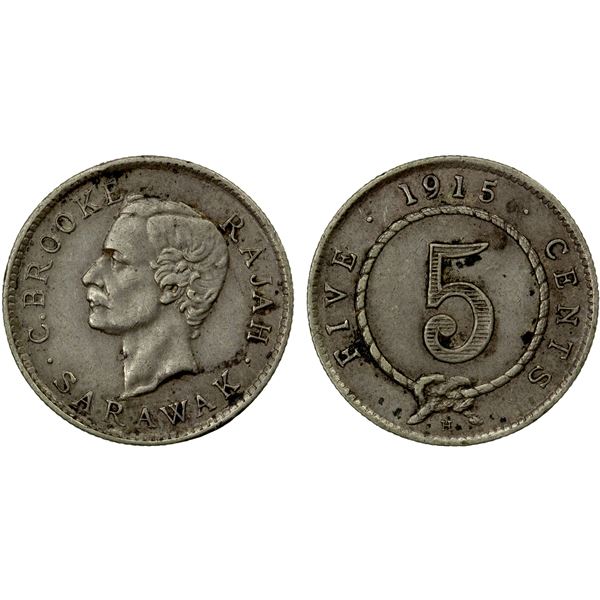 SARAWAK: Charles Brooke, 1868-1917, AR 5 cents, 1915-H, EF