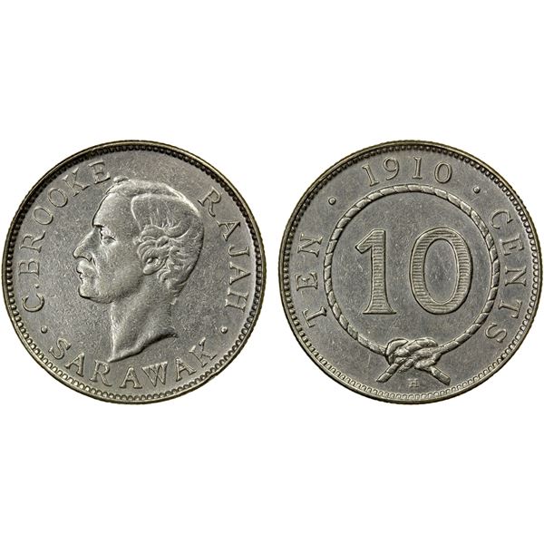 SARAWAK: Charles Brooke, 1868-1917, AR 10 cents, 1910-H, EF