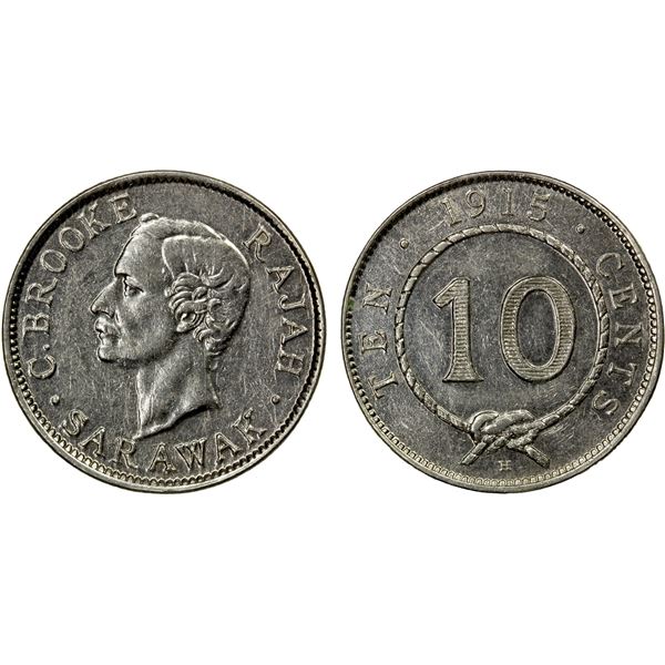 SARAWAK: Charles Brooke, 1868-1917, AR 10 cents, 1915-H, EF