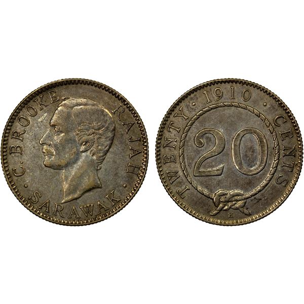 SARAWAK: Charles Brooke, 1868-1917, AR 20 cents, 1910-H, EF