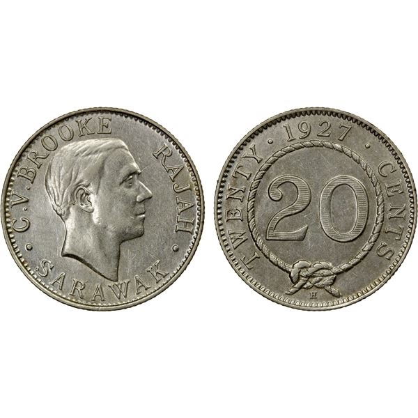 SARAWAK: Charles Vyner Brooke, 1917-1946, AR 20 cents, 1927-H, AU