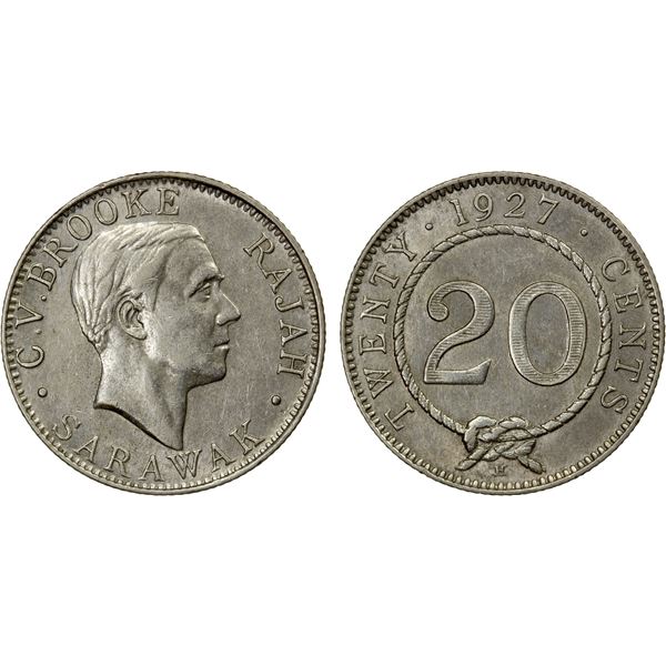 SARAWAK: Charles Vyner Brooke, 1917-1946, AR 20 cents, 1927-H, AU