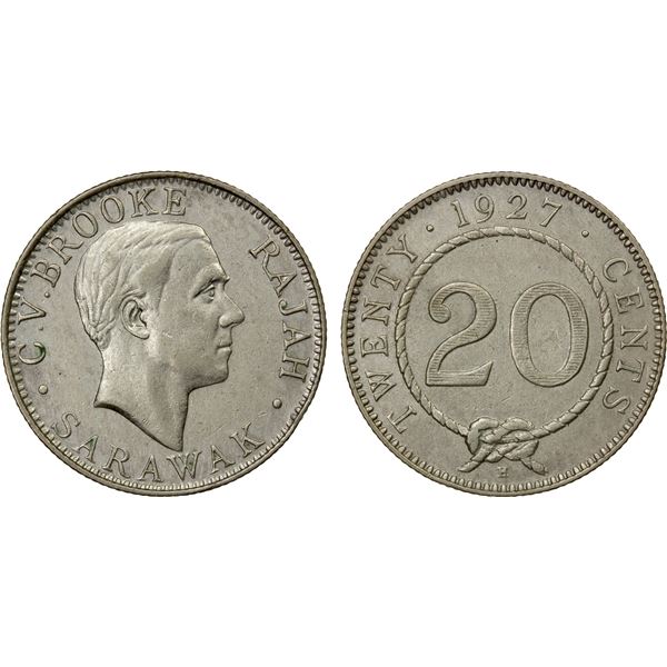 SARAWAK: Charles Vyner Brooke, 1917-1946, AR 20 cents, 1927-H, AU