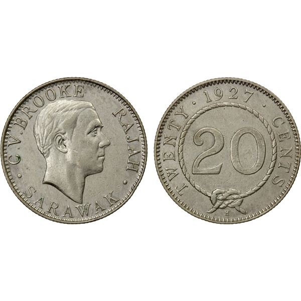 SARAWAK: Charles Vyner Brooke, 1917-1946, AR 20 cents, 1927-H, AU