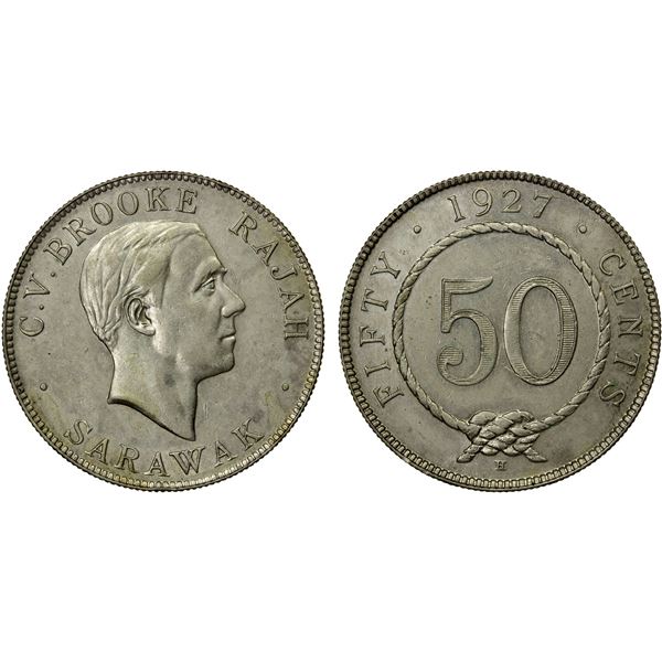 SARAWAK: Charles Vyner Brooke, 1917-1946, AR 50 cents, 1927-H, AU