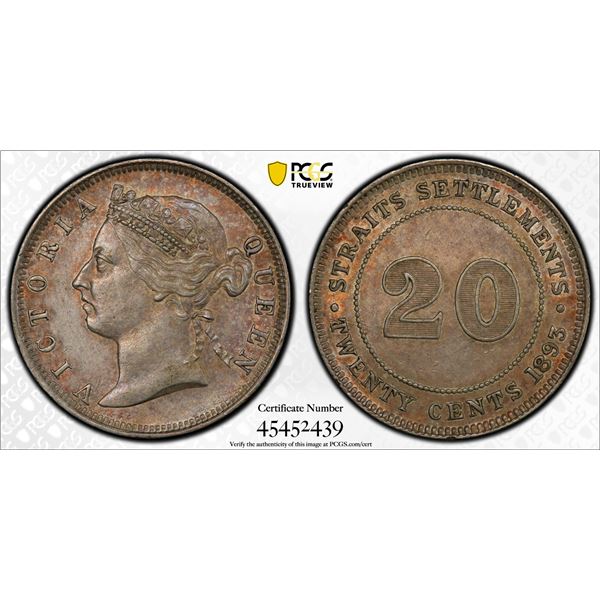 STRAITS SETTLEMENTS: Victoria, 1837-1901, AR 20 cents, 1893, PCGS graded AU Details