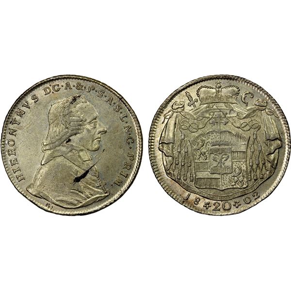 AUSTRIA: SALZBURG: Hieronymus von Colloredo, 1772-1803, AR 20 kreuzer, 1802, AU