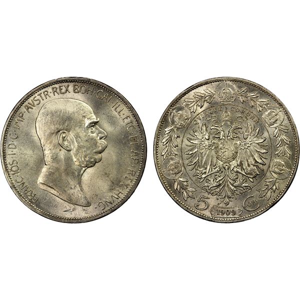 AUSTRIA: Franz Joseph I, 1848-1916, AR 5 corona, 1909, Unc