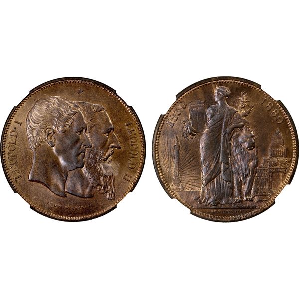 BELGIUM: Leopold II, 1865-1909, AE 5 francs, 1880, NGC graded MS64 RB