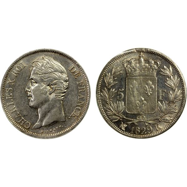 FRANCE: Charles X, 1824-1830, AR 5 francs, 1829-K, AU50