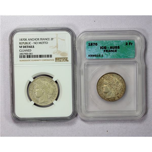 FRANCE: Third Republic, LOT of 2 certified AR 2 francs, 1870