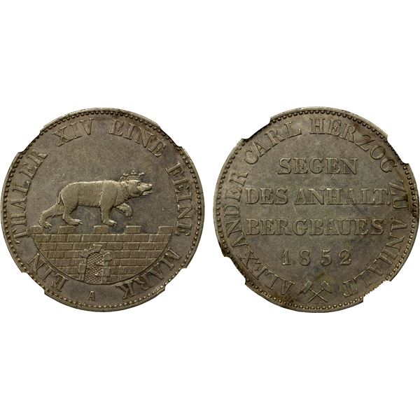 ANHALT-BERNBURG: Alexander Karl, 1834-1863, AR thaler, 1852-A, NGC graded AU