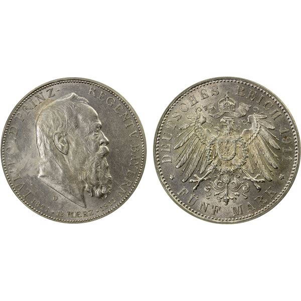 BAVARIA: Luitpold, 1886-1912, AR 5 mark, 1911-D, PCGS graded AU58