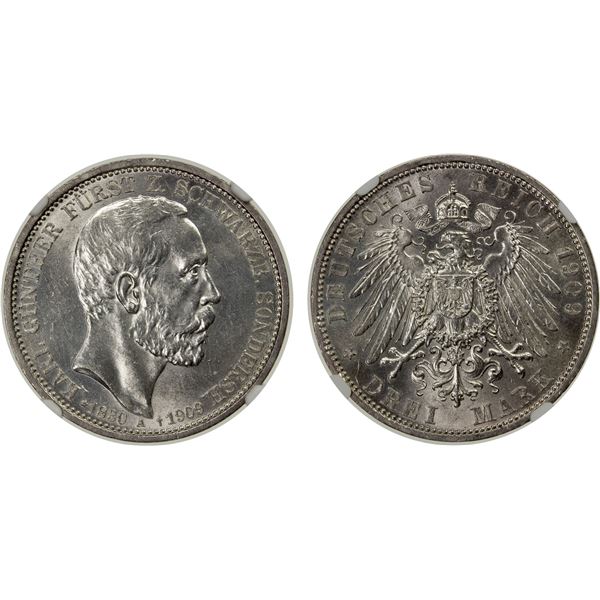 SCHWARZBURG-SONDERSHAUSEN: Kart Günther, 1880-1909, AR 3 mark, 1909-A, NGC graded MS62