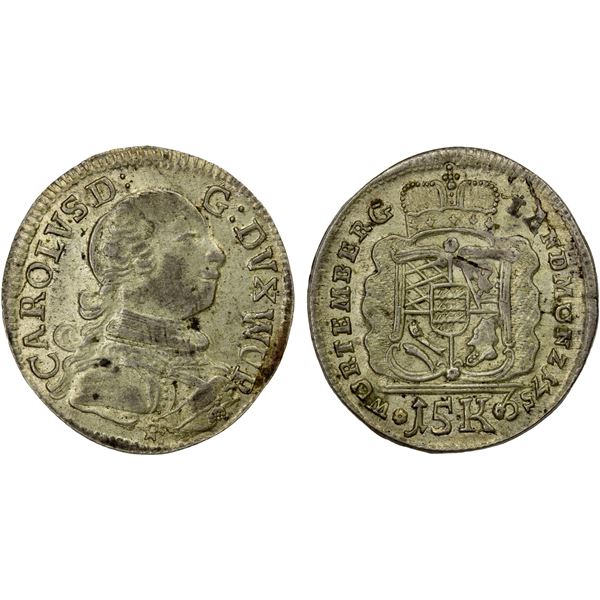 WÜRTTEMBERG: Karl Eugen, 1737-1793, AR 15 kreuzer, Stuttgart, 1759, EF
