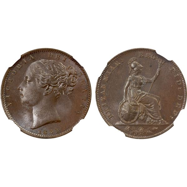 GREAT BRITAIN: Victoria, 1837-1901, AE farthing, 1853, NGC graded MS64 BN