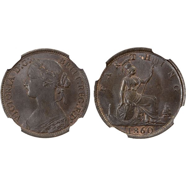 GREAT BRITAIN: Victoria, 1837-1901, AE farthing, 1860, NGC graded MS65 BN
