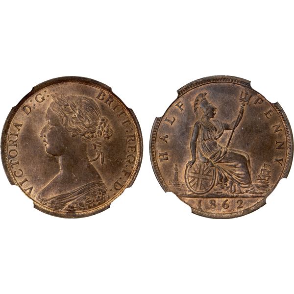 GREAT BRITAIN: Victoria, 1837-1901, AE halfpenny, 1862, NGC graded MS65 BN