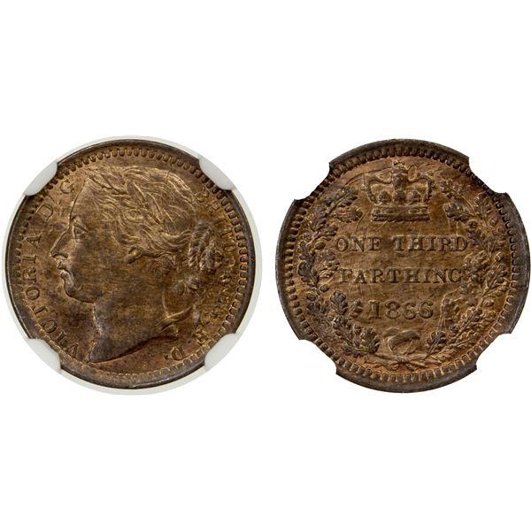 GREAT BRITAIN: Victoria, 1837-1901, AE 1/3 farthing, 1866, NGC graded MS64 RB