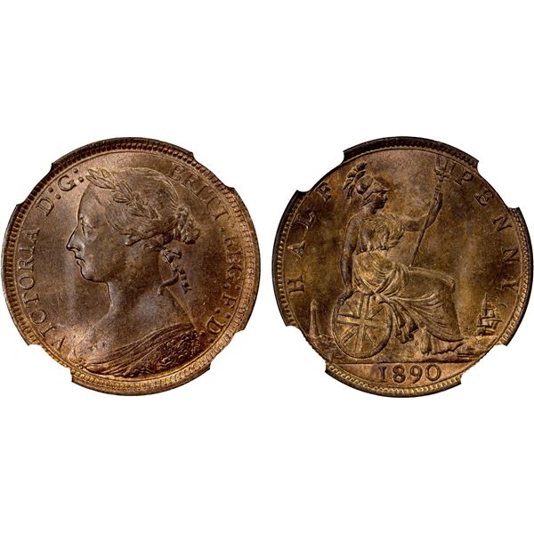 GREAT BRITAIN: Victoria, 1837-1901, AE halfpenny, 1890, NGC graded MS65 RB