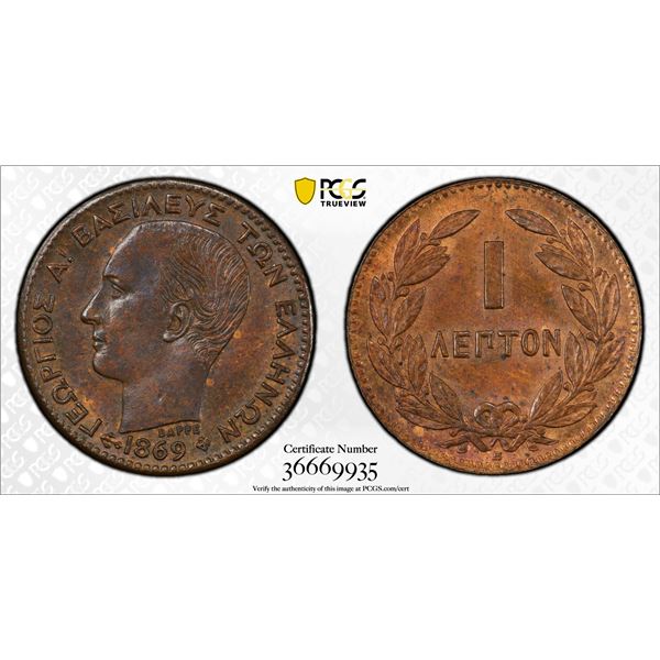 GREECE: George I, 1863-1913, AE lepton, 1869-BB, PCGS graded MS64 BN