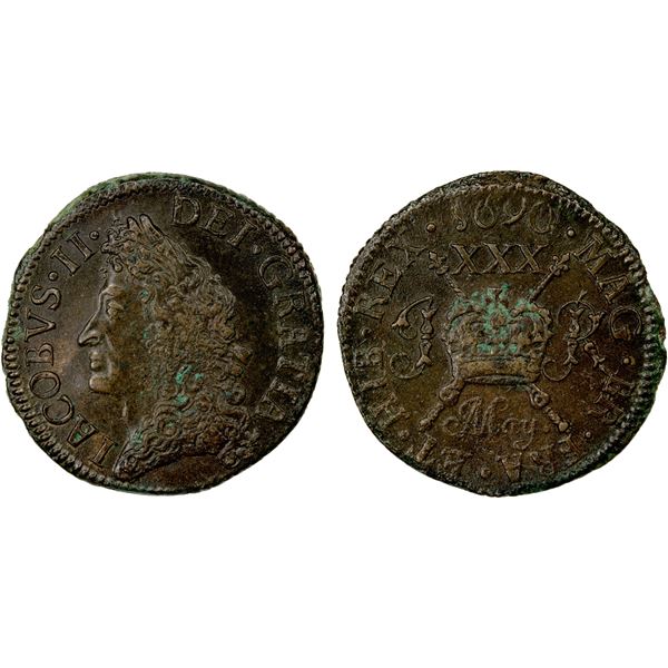 IRELAND: James II, 1685-1691, AE halfcrown, 1690, AU