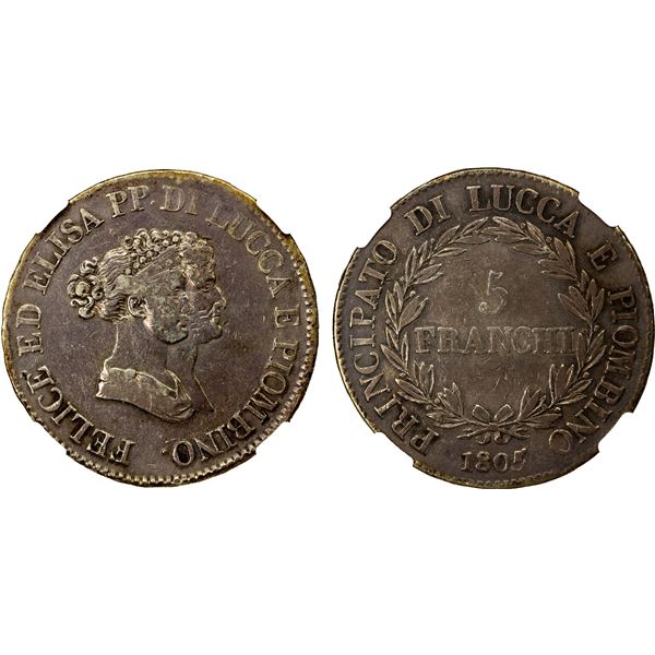 LUCCA & PIOMBINO: Felix & Elisa (Bonoparte), 1805-1814, AR 5 framchi, 1805, NGC graded VF