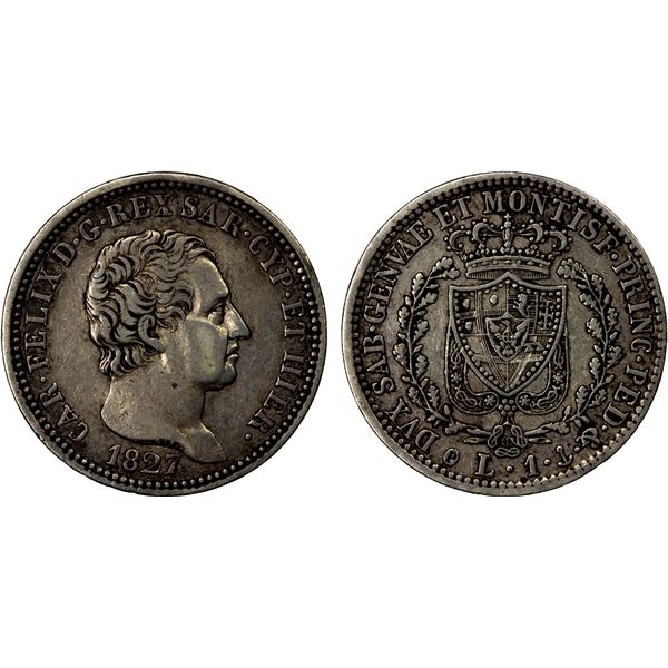 SARDINIA: Carlo Felice, 1821-1831, AR lira, Genoa, 1827, choice VF