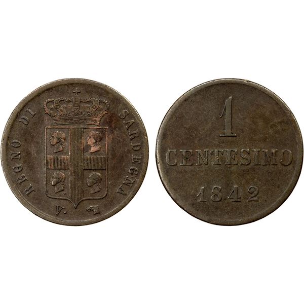 SARDINIA: Carlo Albeno, 1831-1849, AE centesimo, 1842, VF-EF