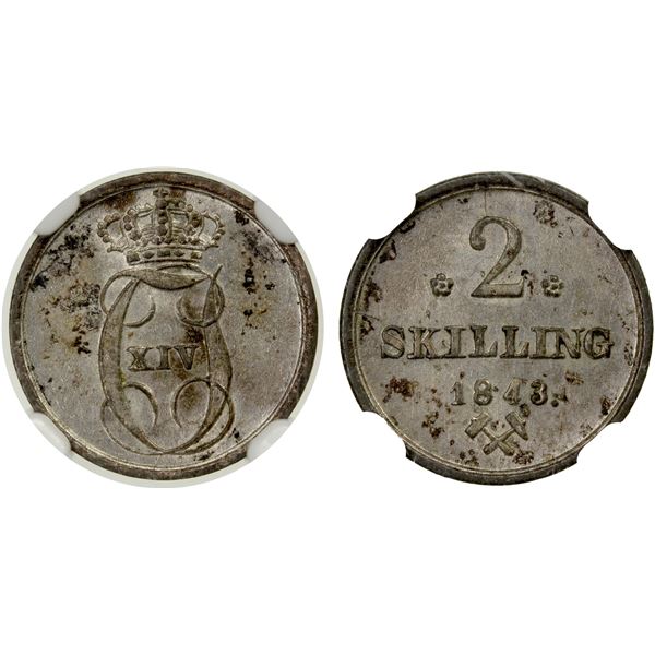 NORWAY: Carl XIV Johan, 1818-1844, BI 2 skilling, 1843, NGC graded MS63