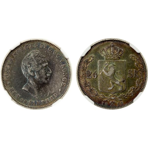 NORWAY: Oscar I, 1844-1859, AR 24 skilling, 1850, NGC graded XF45