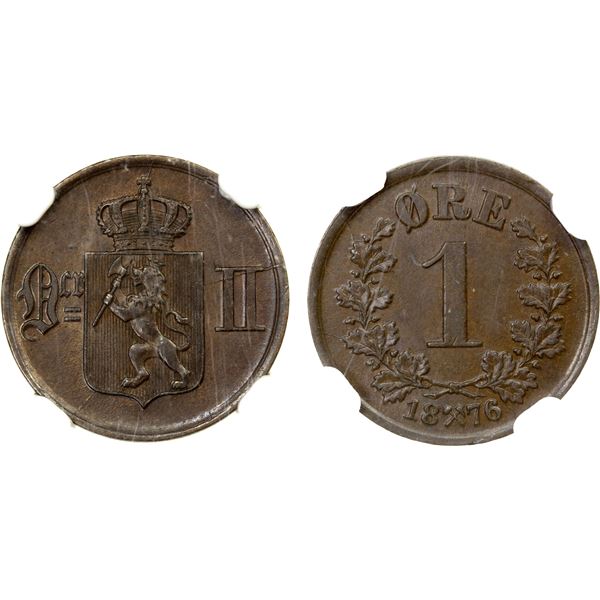 NORWAY: Oscar II, 1872-1905, AE øre, 1876, NGC graded MS62 BN