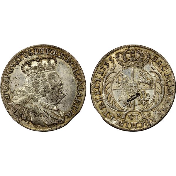 POLAND: August III, 1733-1763, BI 6 groszy, 1755, EF