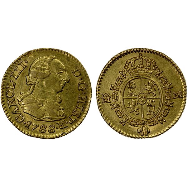 SPAIN: Carlos III, 1759-1788, AV 1/2 escudo, 1788-M, EF