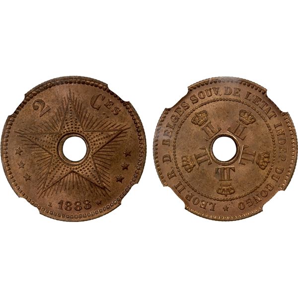 BELGIAN CONGO: Leopold II, 1885-1909, AE 2 centimes, 1888, NGC graded MS64 RB