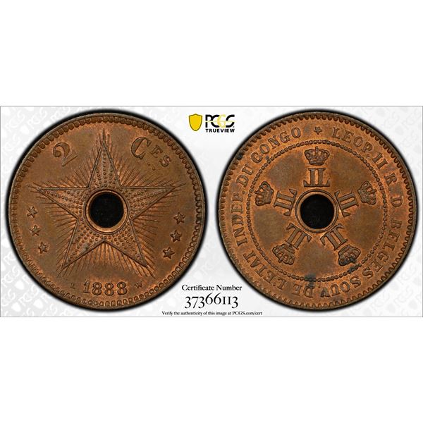 BELGIAN CONGO: Leopold II, 1885-1909, AE 2 centimes, 1888, PCGS graded MS64 BN