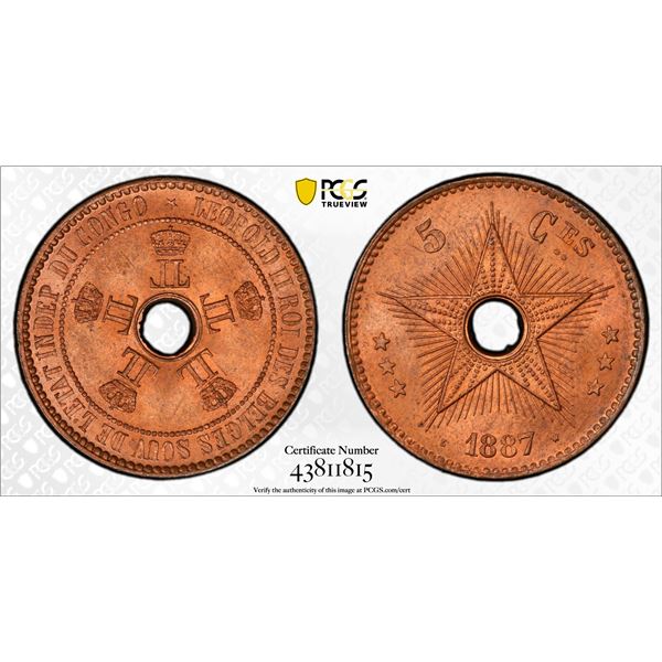 BELGIAN CONGO: Leopold II, 1885-1909, AE 5 centimes, 1887, PCGS graded MS64 RB
