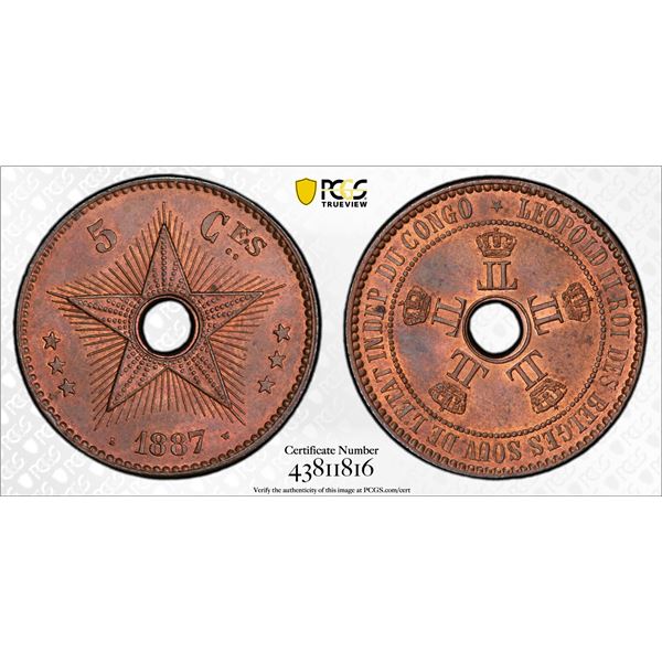 BELGIAN CONGO: Leopold II, 1885-1909, AE 5 centimes, 1887, PCGS graded MS64 RB