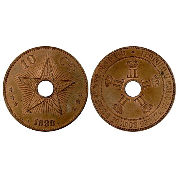 BELGIAN CONGO: Leopold II, 1885-1909, AE 10 centimes, 1888, PCGS graded MS64 BN
