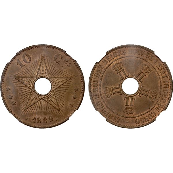 BELGIAN CONGO: Leopold II, 1885-1909, AE 10 centimes, 1889, NGC graded MS64 RB