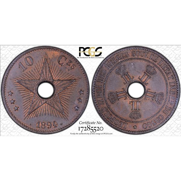 BELGIAN CONGO: Leopold II, 1885-1909, AE 10 centimes, 1894, PCGS graded MS63 BN