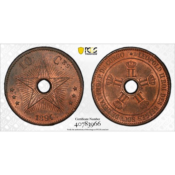 BELGIAN CONGO: Leopold II, 1885-1909, AE 10 centimes, 1894, PCGS graded MS63 RB
