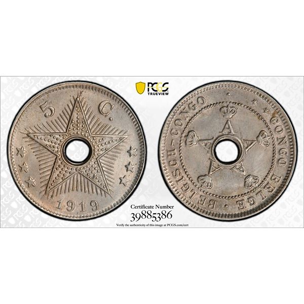 BELGIAN CONGO: Albert I, 1909-1934, 5 centimes, 1919, PCGS graded MS64