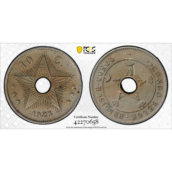BELGIAN CONGO: Albert I, 1909-1934, 10 centimes, 1925/4, PCGS graded VF35