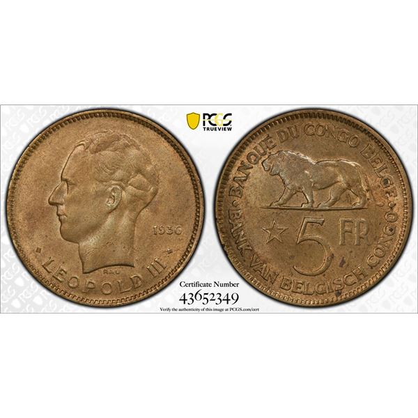 BELGIAN CONGO: Leopold III, 1934-1951, 5 francs, 1936, PCGS graded MS62