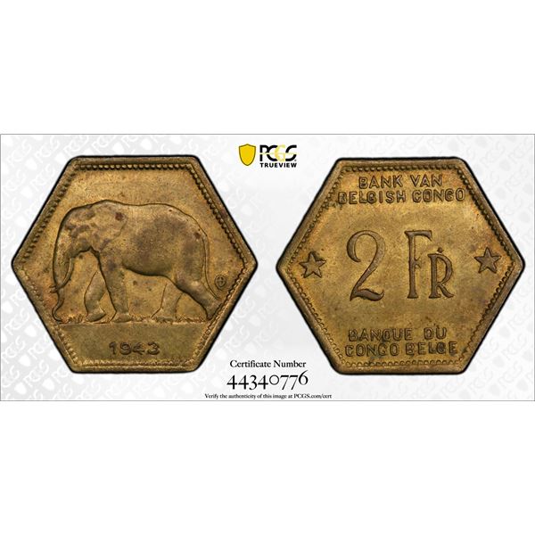 BELGIAN CONGO: Leopold III, 1934-1951, 2 francs, 1943, PCGS graded MS63