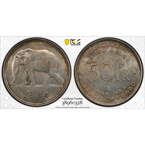 BELGIAN CONGO: Leopold III, 1934-1951, AR 50 francs, 1944, PCGS graded AU58