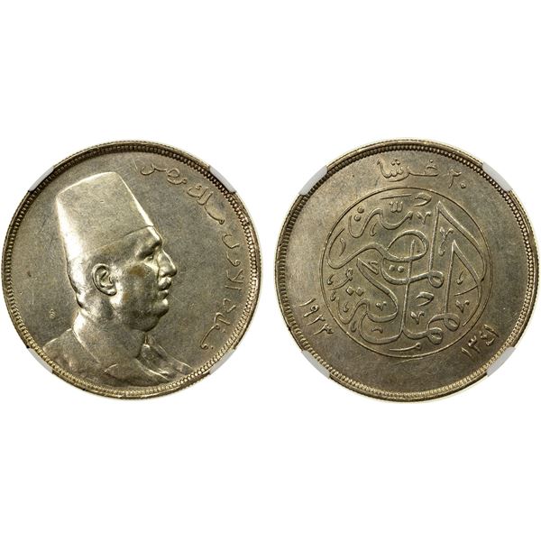 EGYPT: Fuad I, 1922-1936, AR 20 qirsh, 1923/AH1341, NGC graded AU